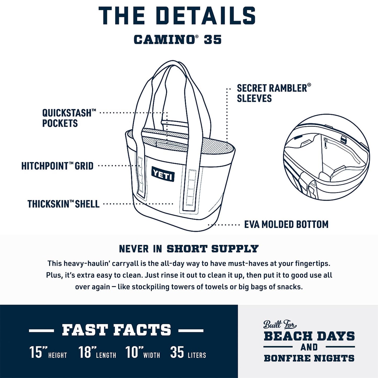 YETI Camino 35 Carryall with Internal Dividers, All-Purpose Utility, Boat and Beach Tote Bag, Durable, Waterproof, Storm Gray